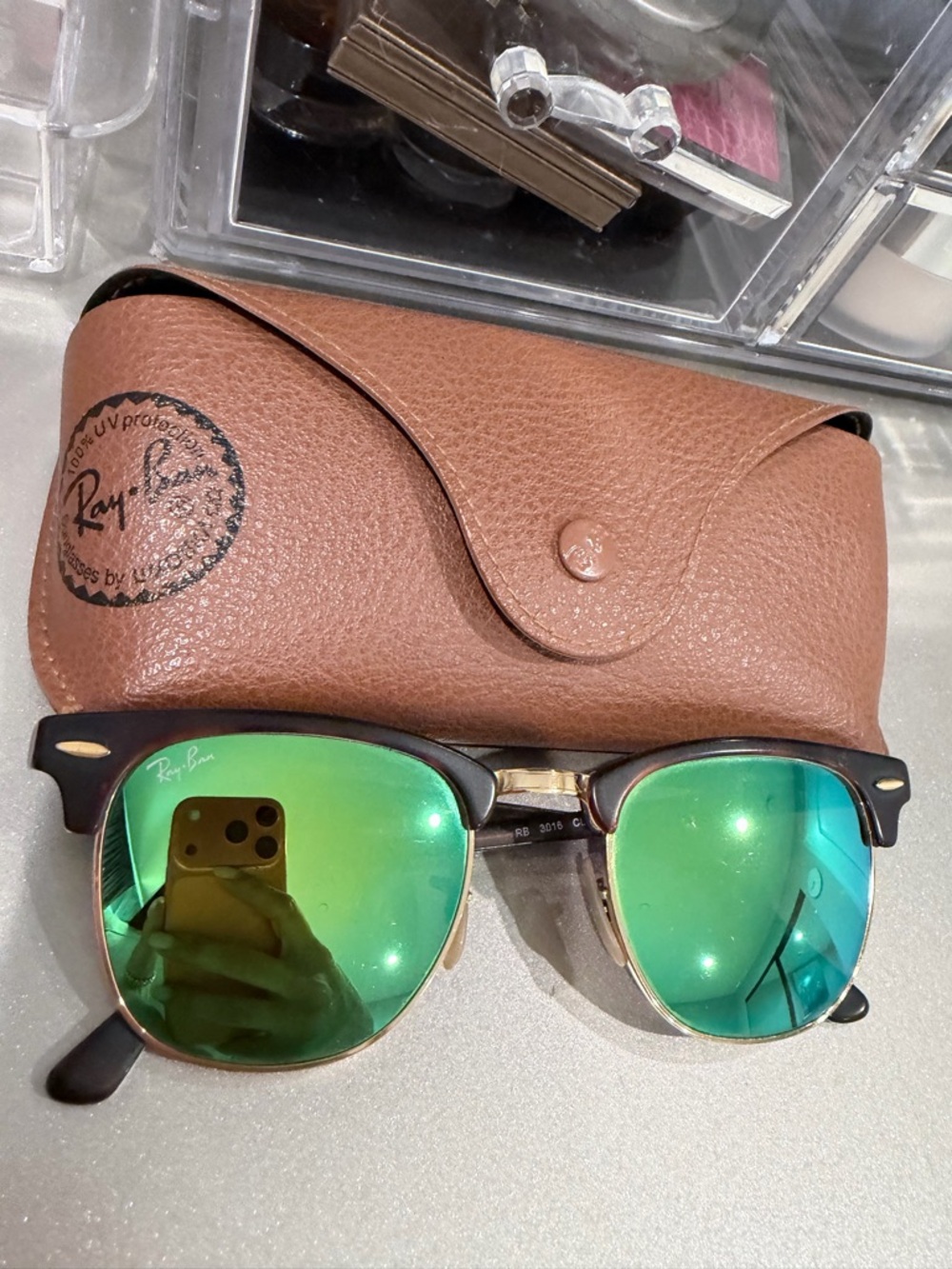 Ray-Ban Clubmaster Sunglasses with Green Mirrored Lenses and Brown Frame